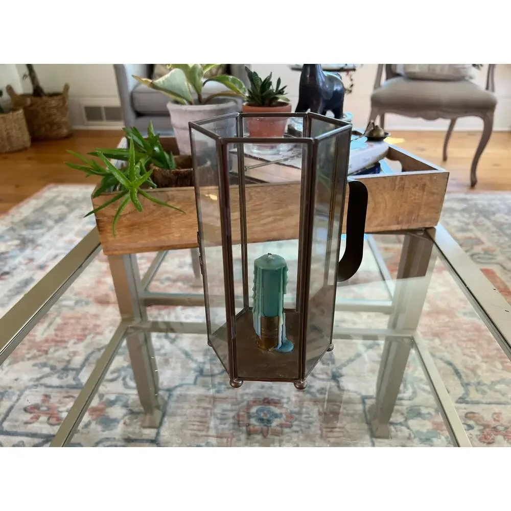 Vintage Brass Glass Encased Candlestick Holder Hexagon Footed Handle Mirrored